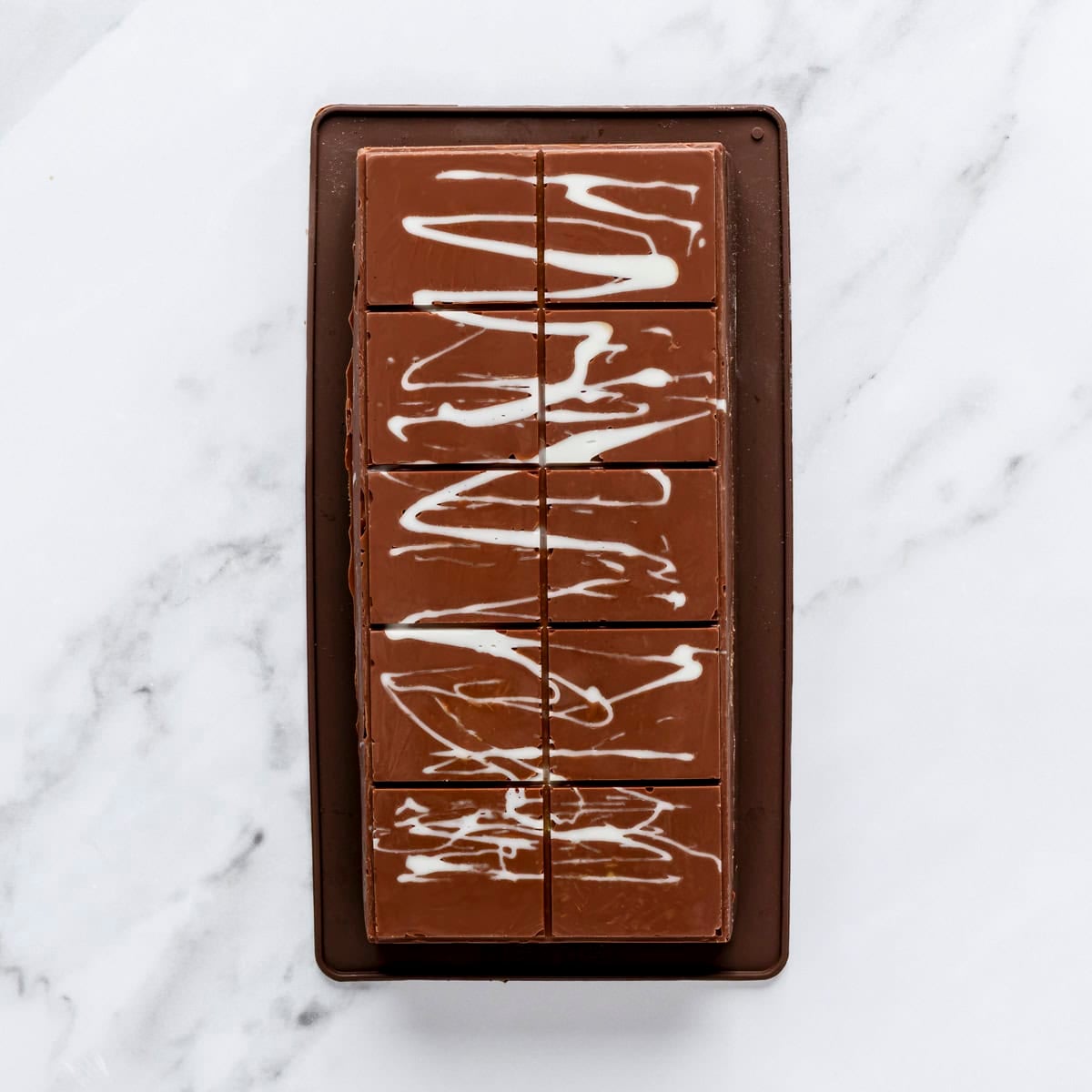 Bar removed from mold and flipped to show white chocolate swirl.