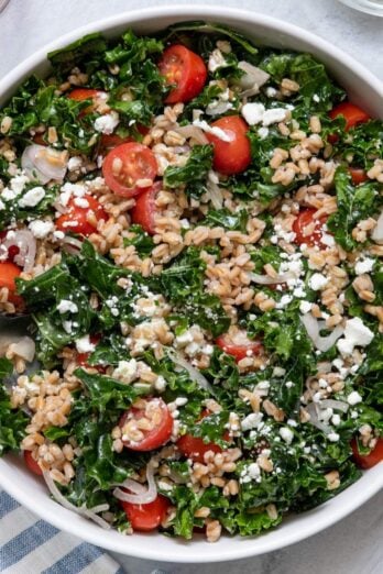 Mediterranean kale and farro salad recipe.
