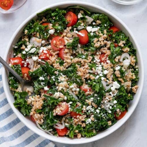 Mediterranean kale and farro salad recipe.