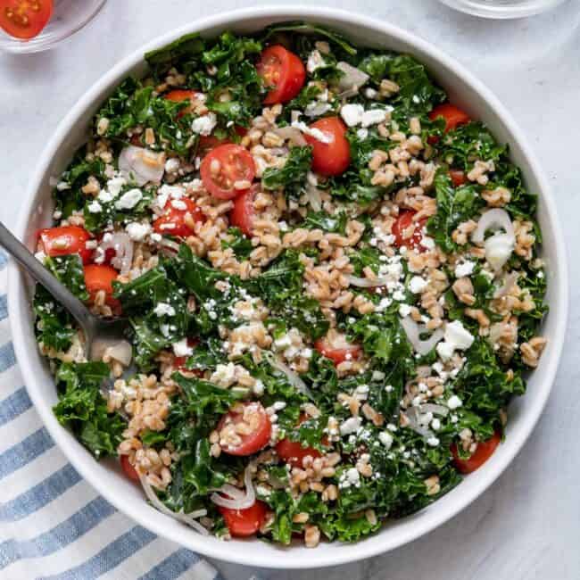 Mediterranean kale and farro salad recipe.