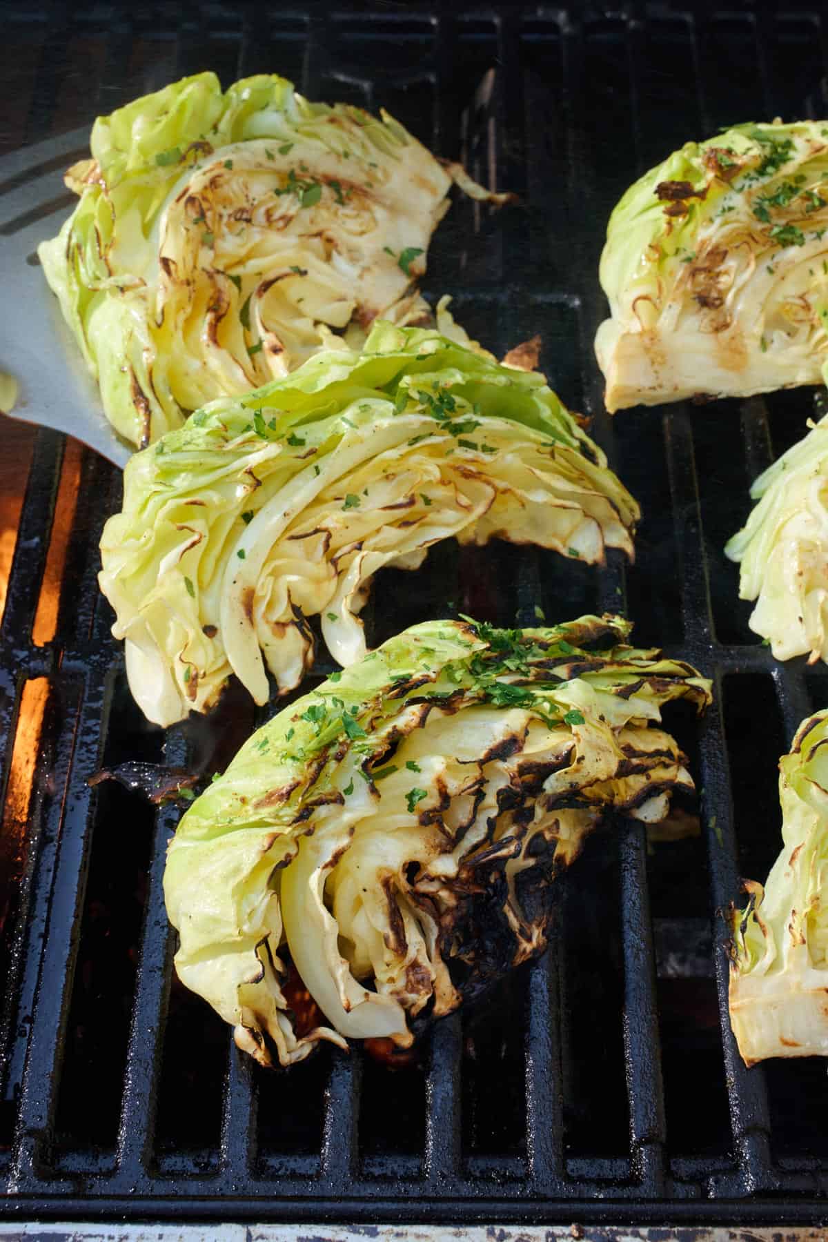 Grilled cabbage wedges on grill garnished with parsley with spatula.