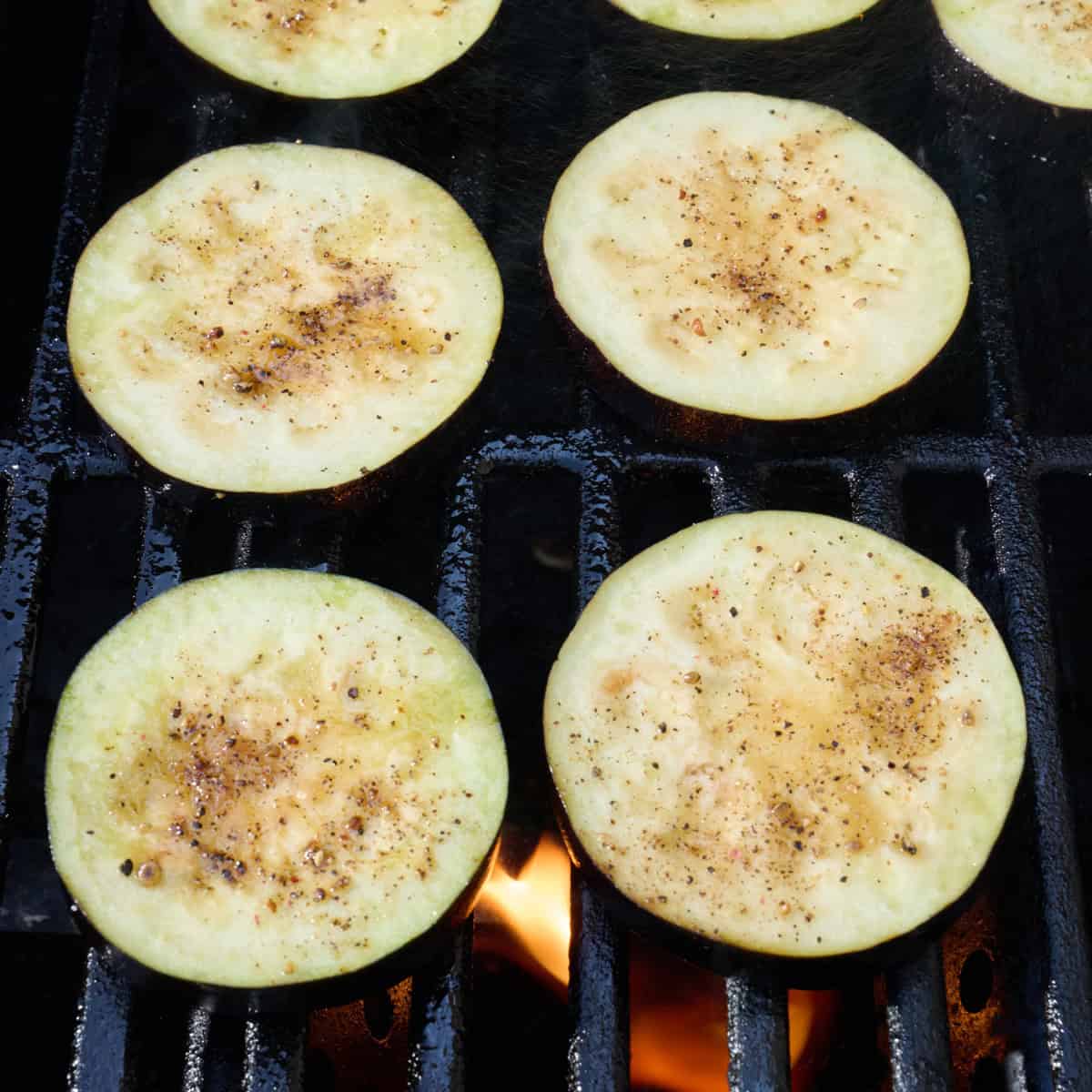 Seasoned eggplant rounds on a grill.