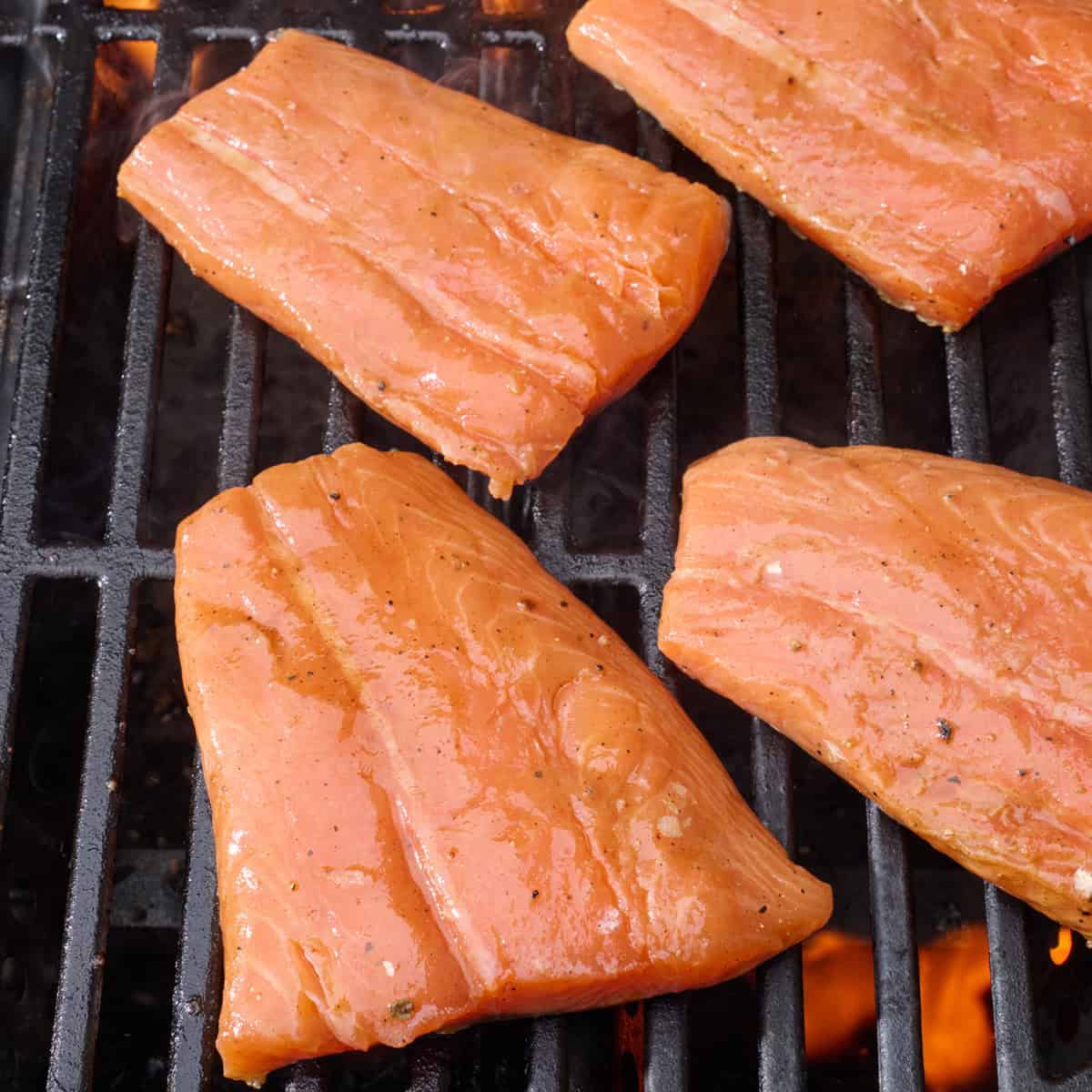 Marinated salmon on an outdoor grill.