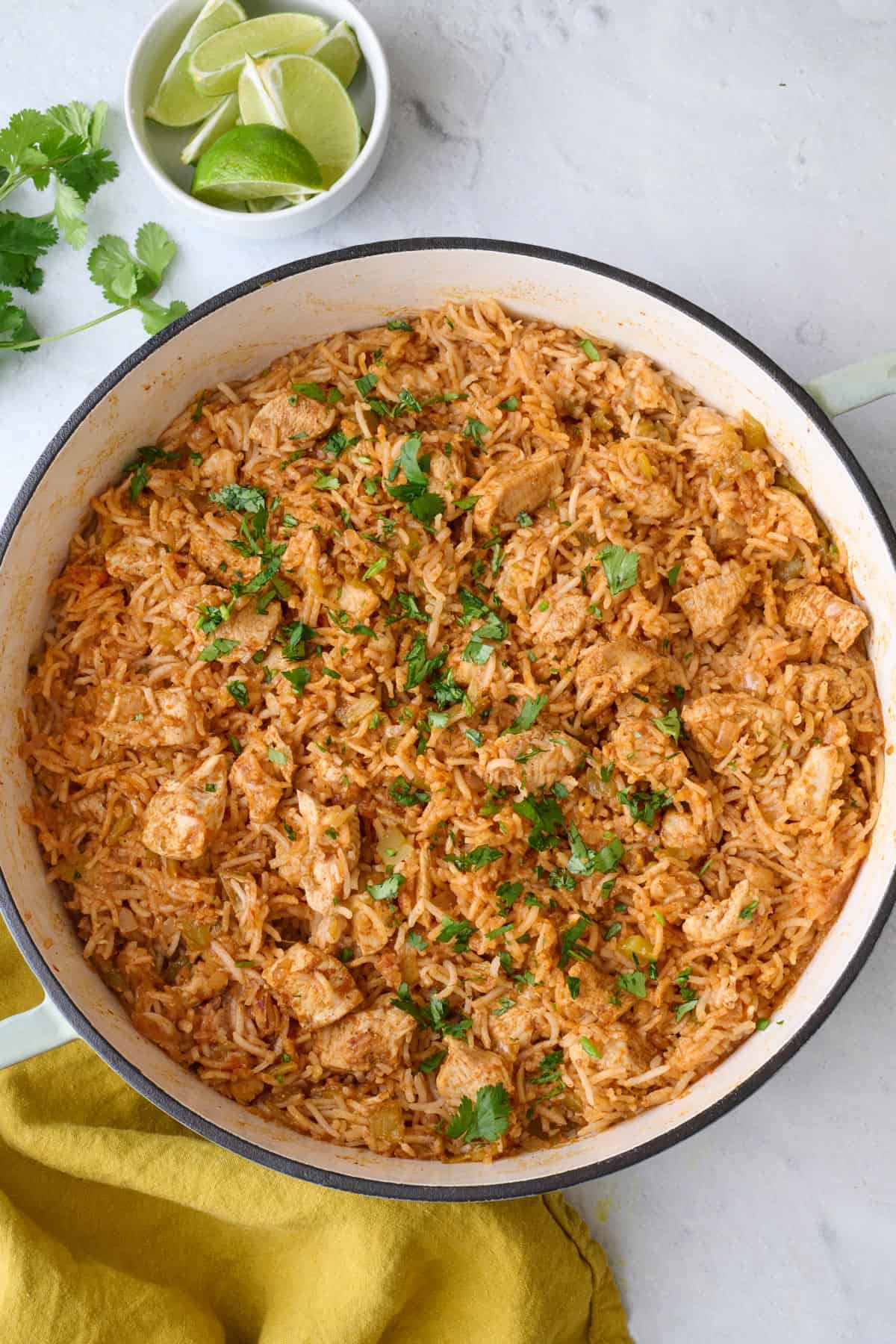 Mexican chicken and rice in pot garnished with chopped cilantro, extra cilantro and lime wedges nearby.