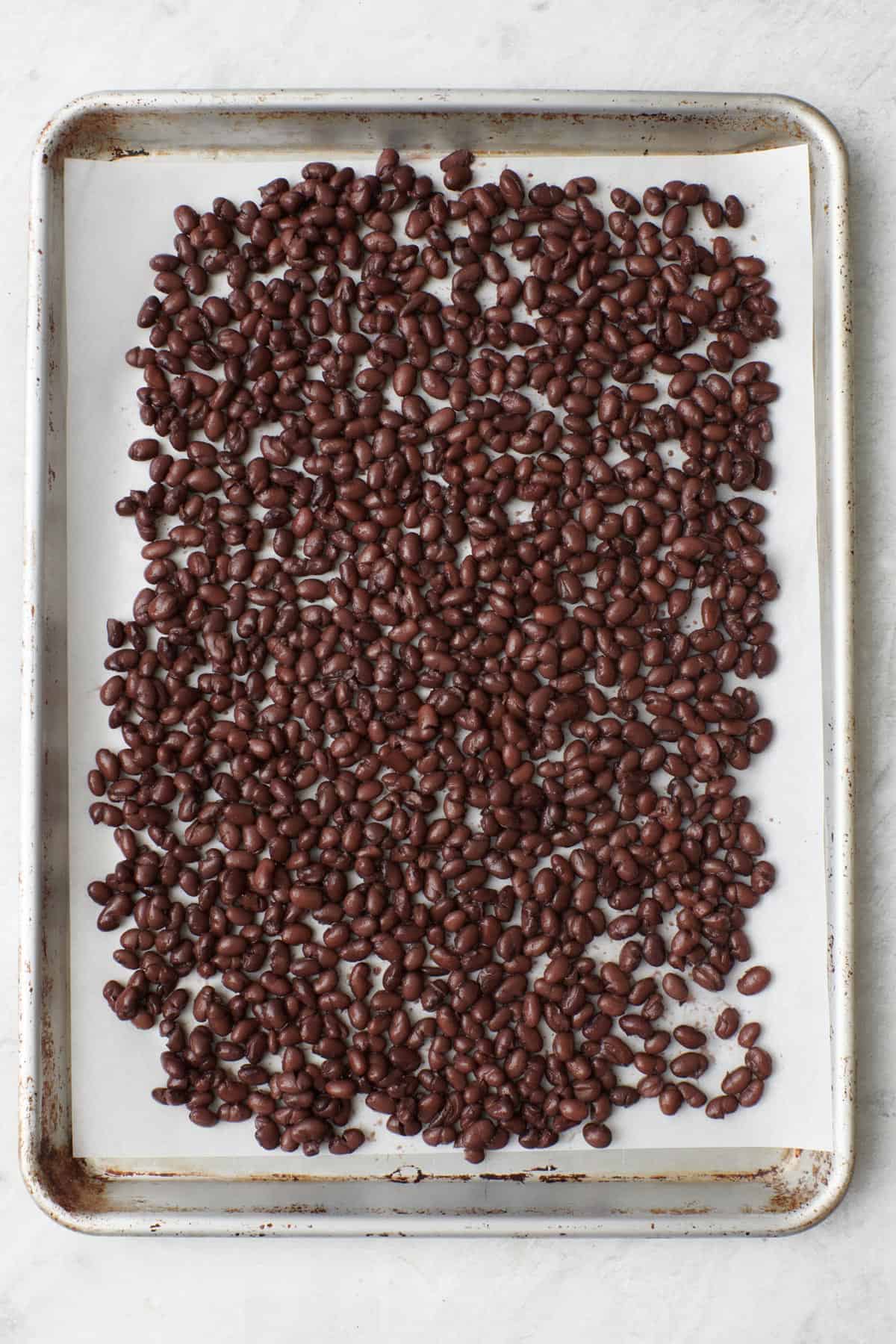 Black beans on a sheet pan.