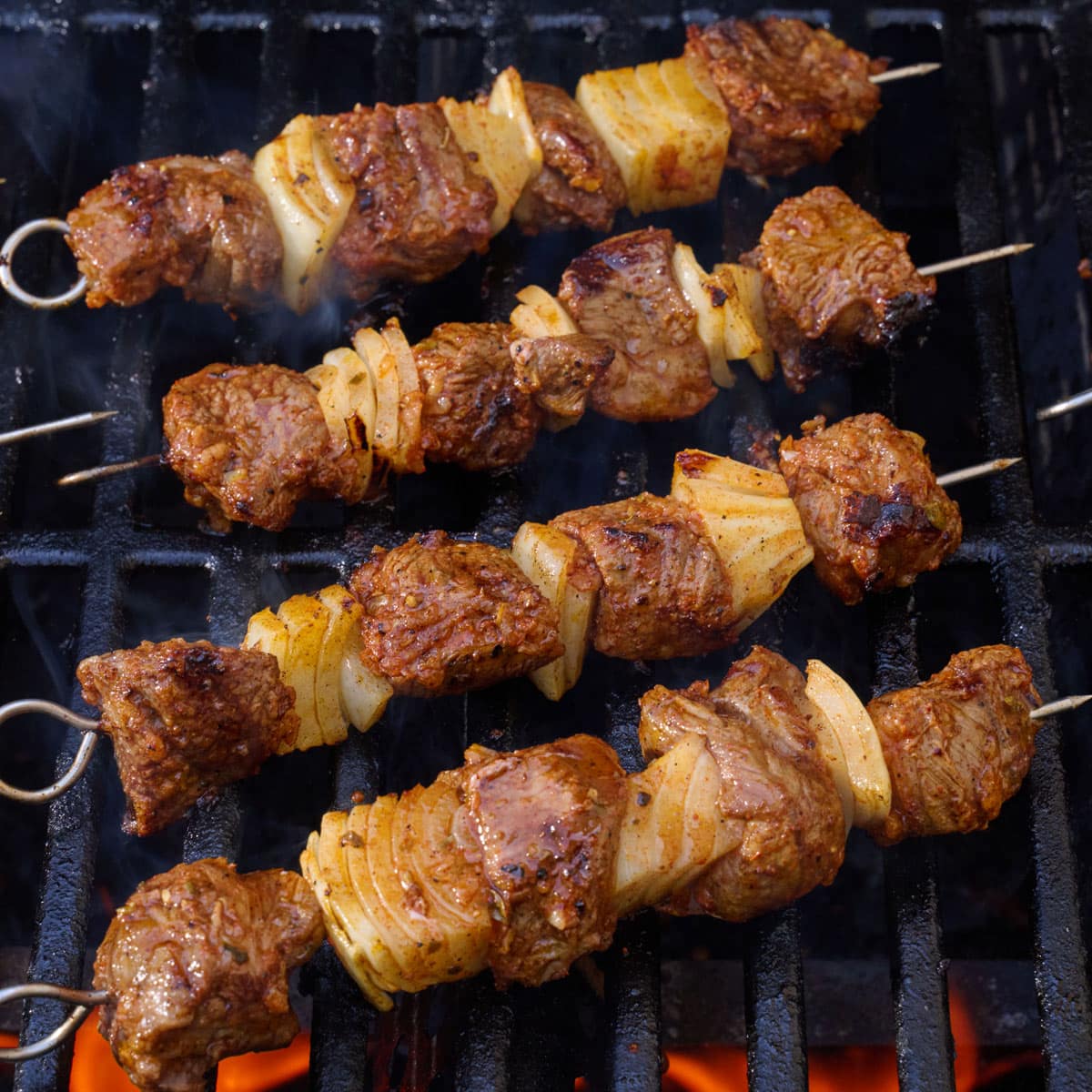 Skewers after flipping with a light char.
