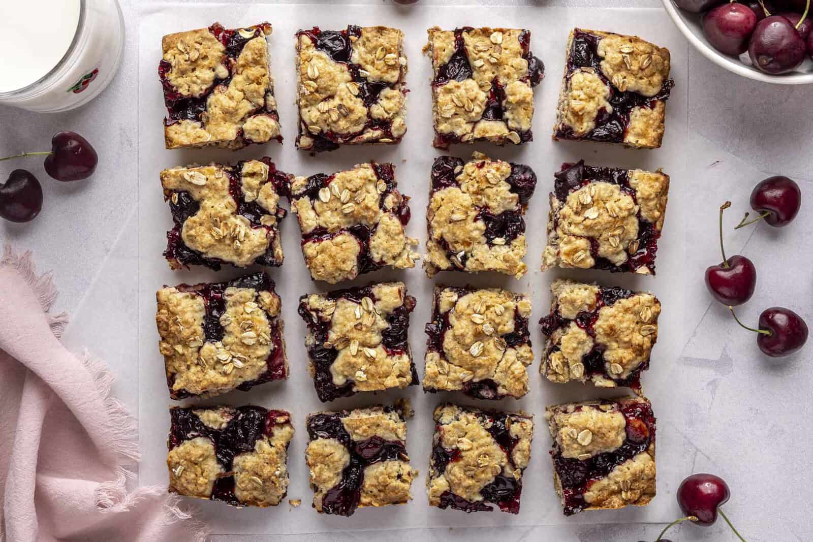 Easy cherry bars cut into squares.