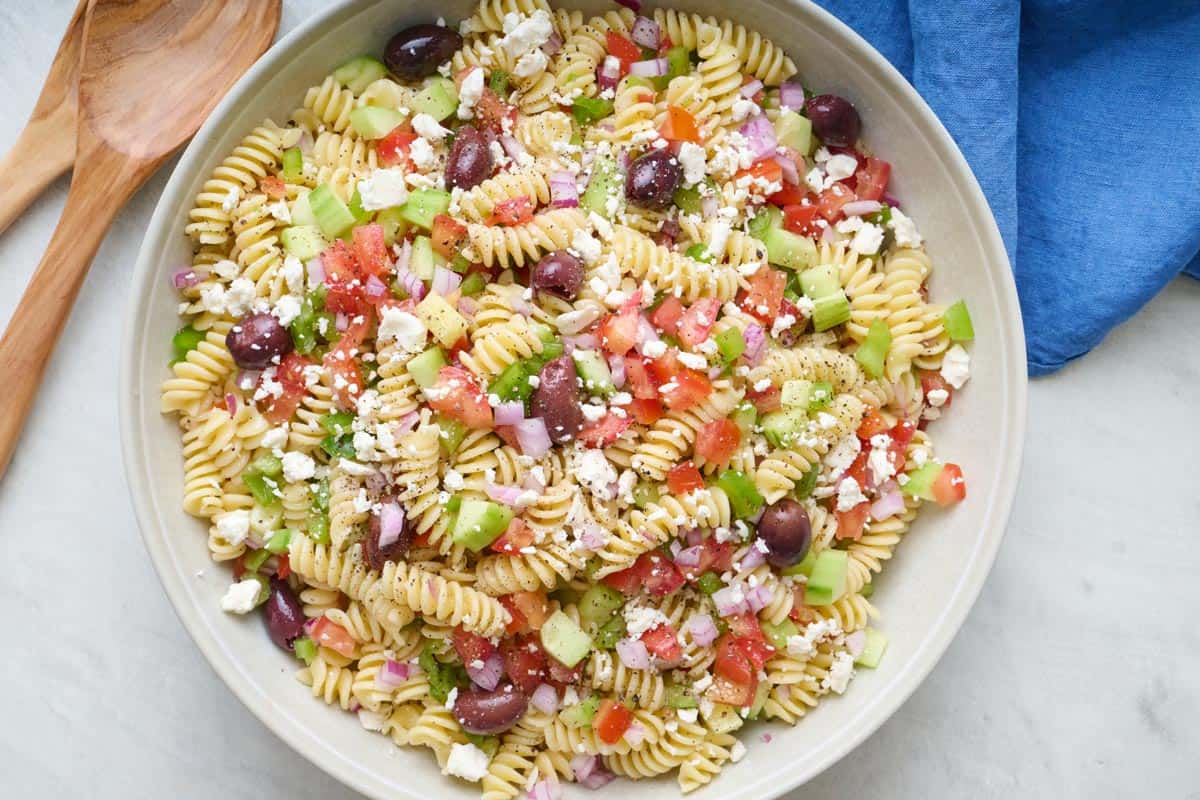 Bowl of homemade greek pasta salad.