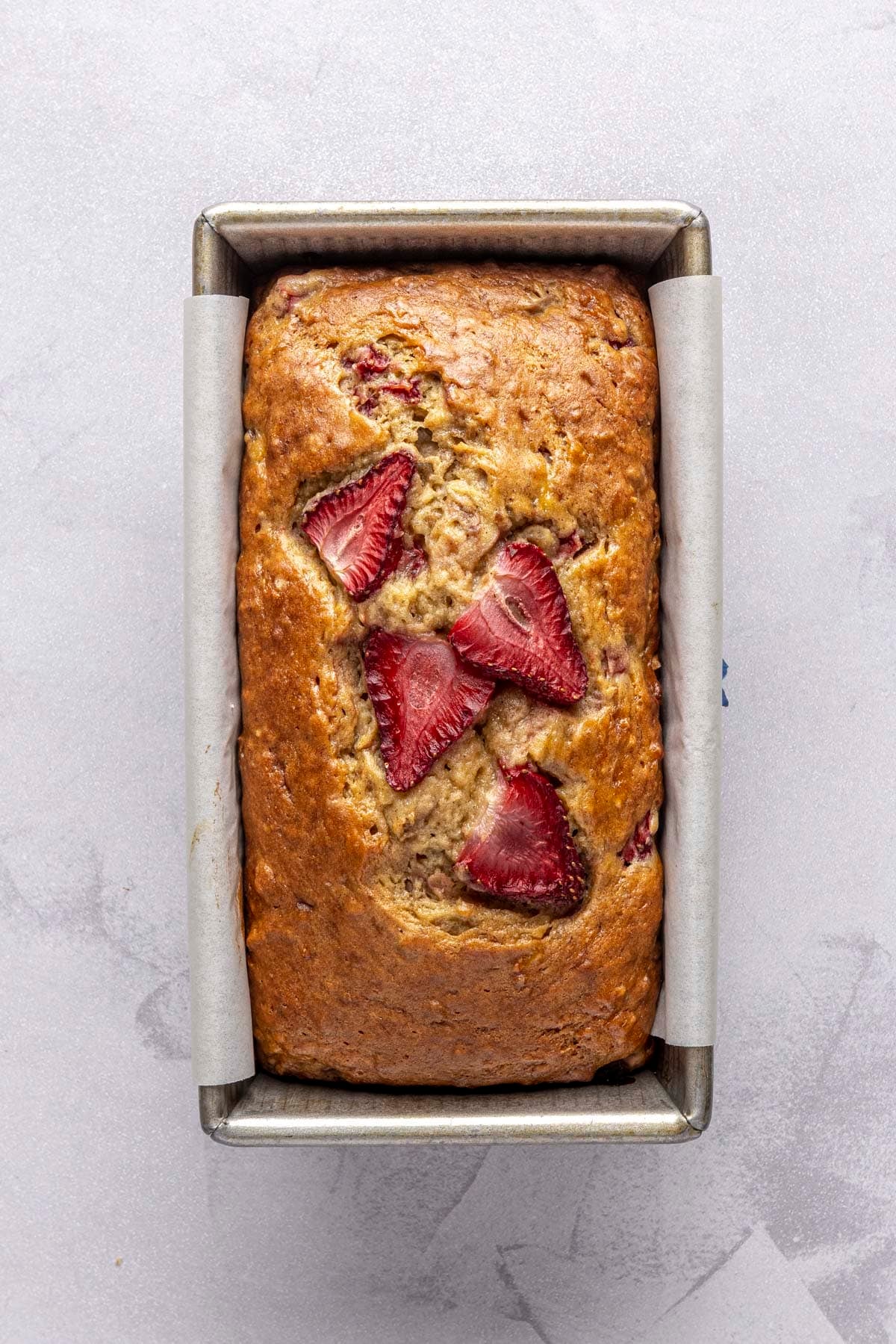 Quick bread in loaf pan after baking.