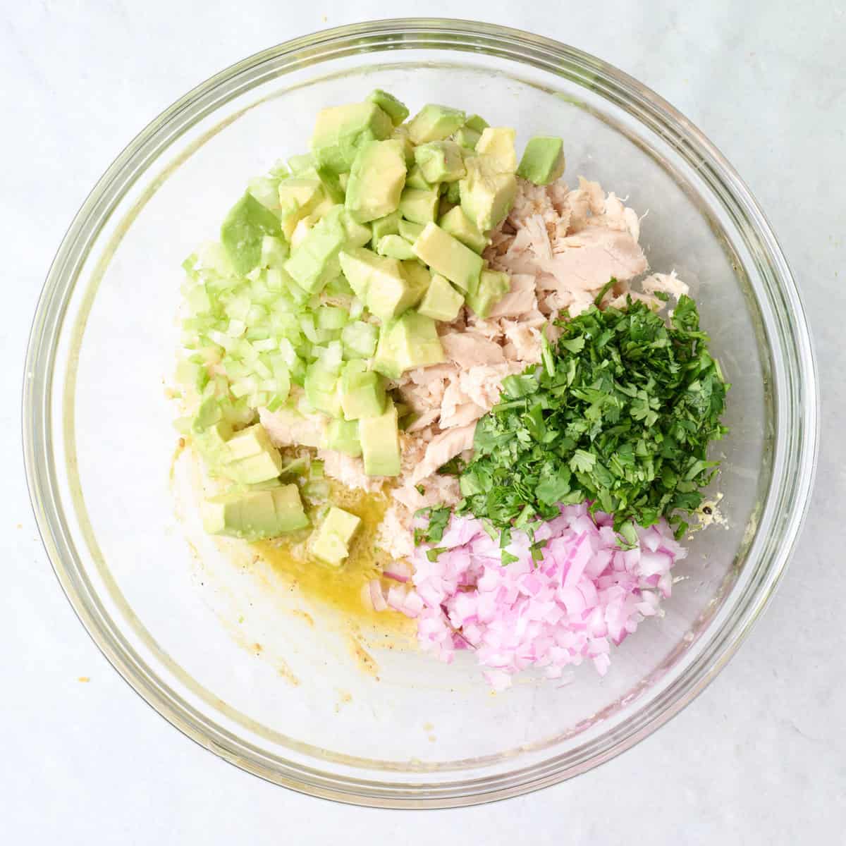 Avocado, tuna, red onions, celery and cilantro added on top.