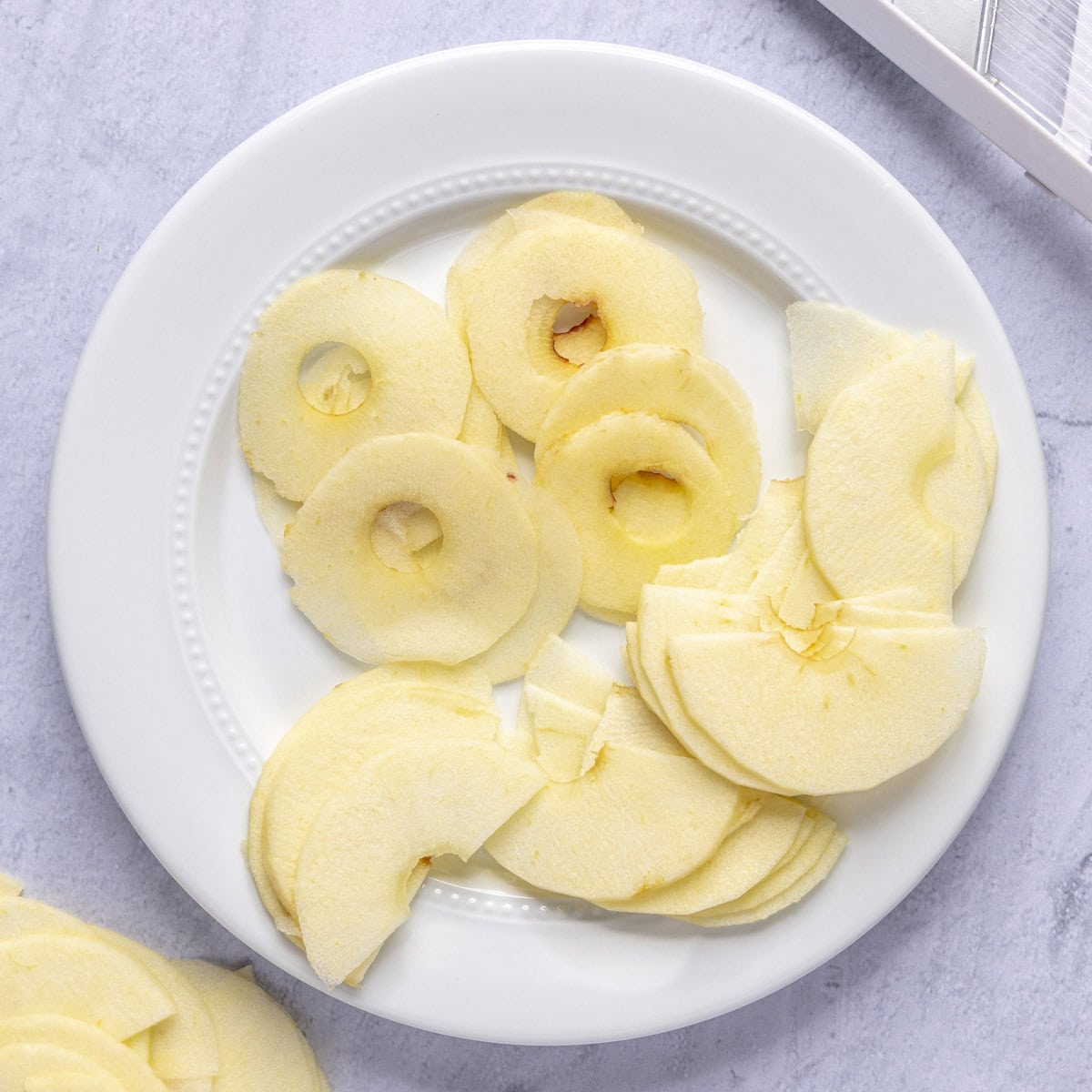 Thinly sliced apple rounds and halves on a plate.