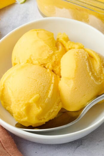 Mango sorbet recipe in a bowl.