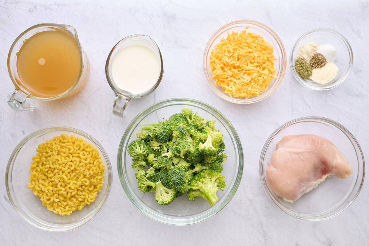 Ingredients for recipe: broth, milk, pasta, broccoli, cheddar cheese, seasonings, and chicken breast.
