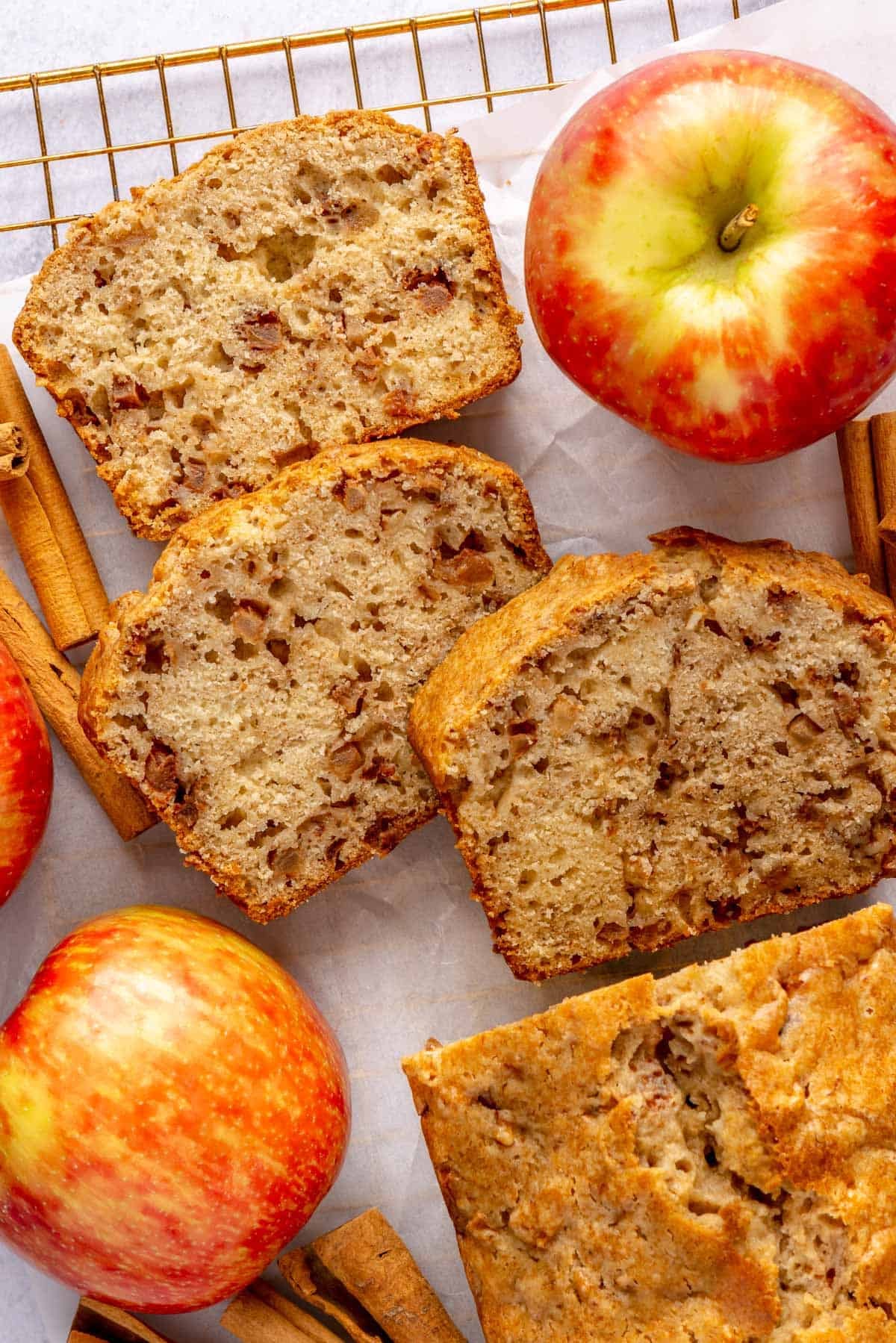 Cinnamon apple bread recipe cut into thick slices.