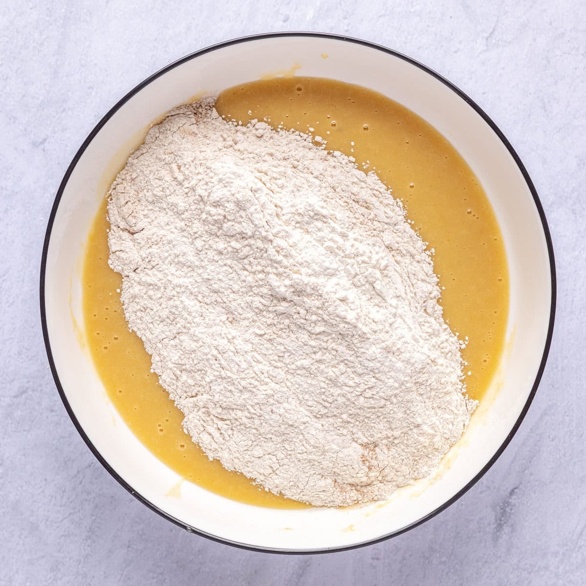 Dry ingredients added on top of blended wet mixture.