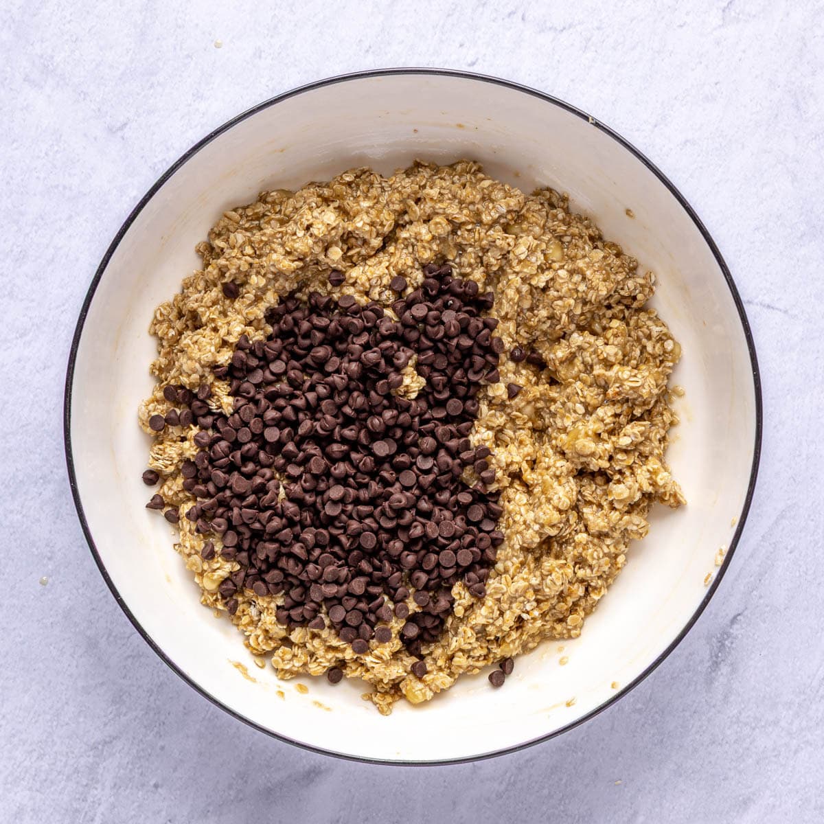 After folding cookie dough ingredients together with chocolate chips added.
