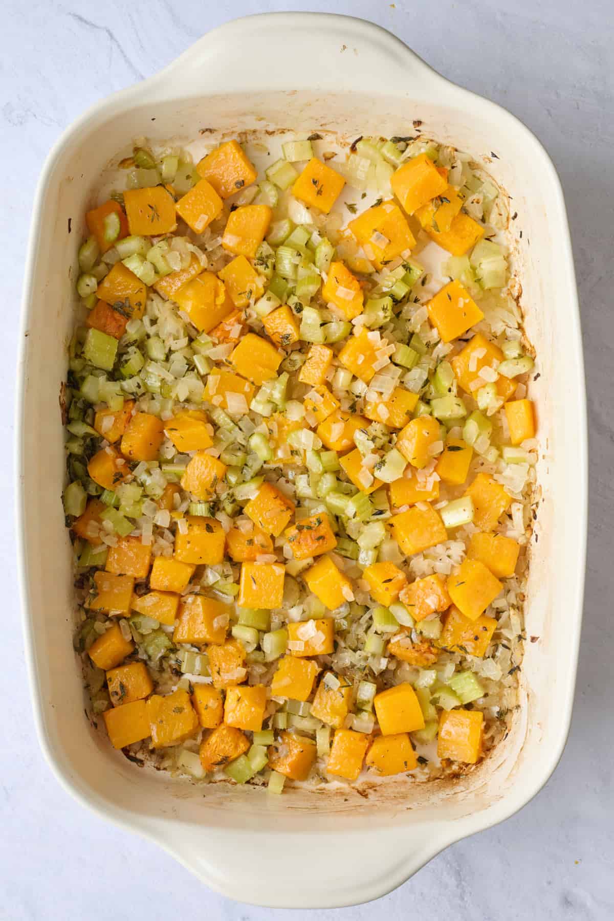 Veggies after roasting in baking dish.