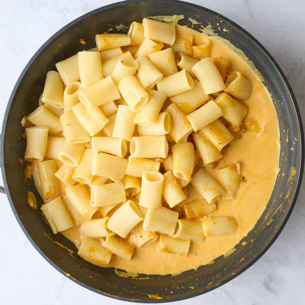 Cooked pasta added on top of creamy sauce.