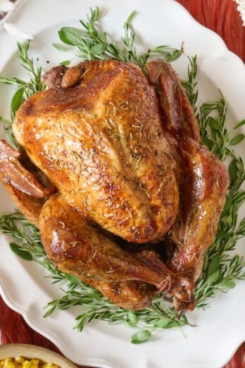 Dry brined turkey recipe on a platter.