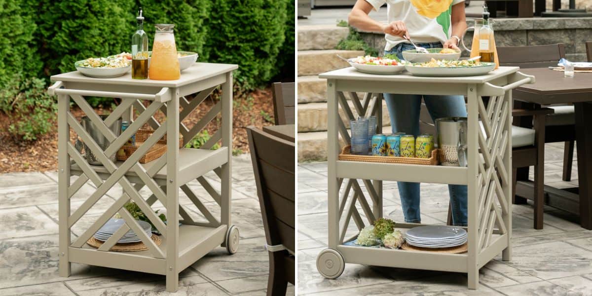 Collage of two images showing the bar cart from in front and behind