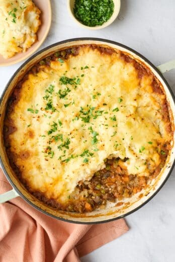 Easy vegetarian shepherd's pie in braiser with mashed potato top.