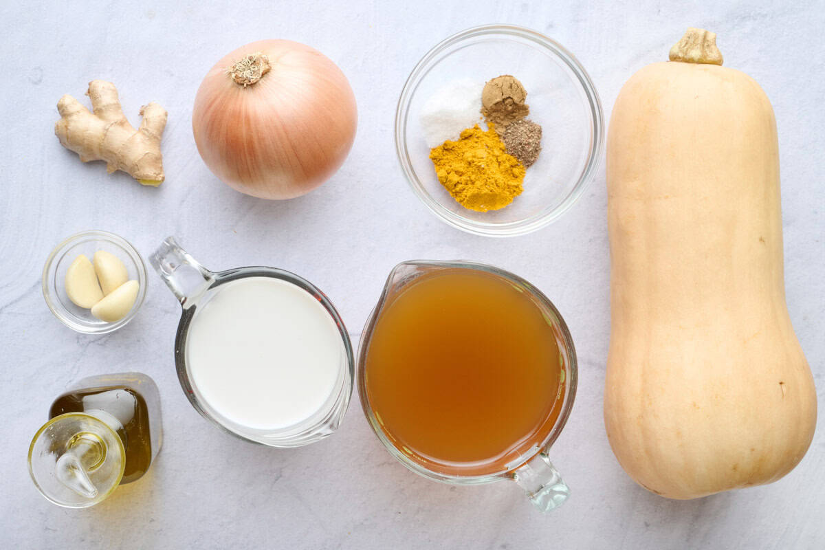 Ingredients for recipe: ginger, garlic, oil, onion, coconut milk, broth, butternut squash, yellow curry powder, cumin, salt and pepper.