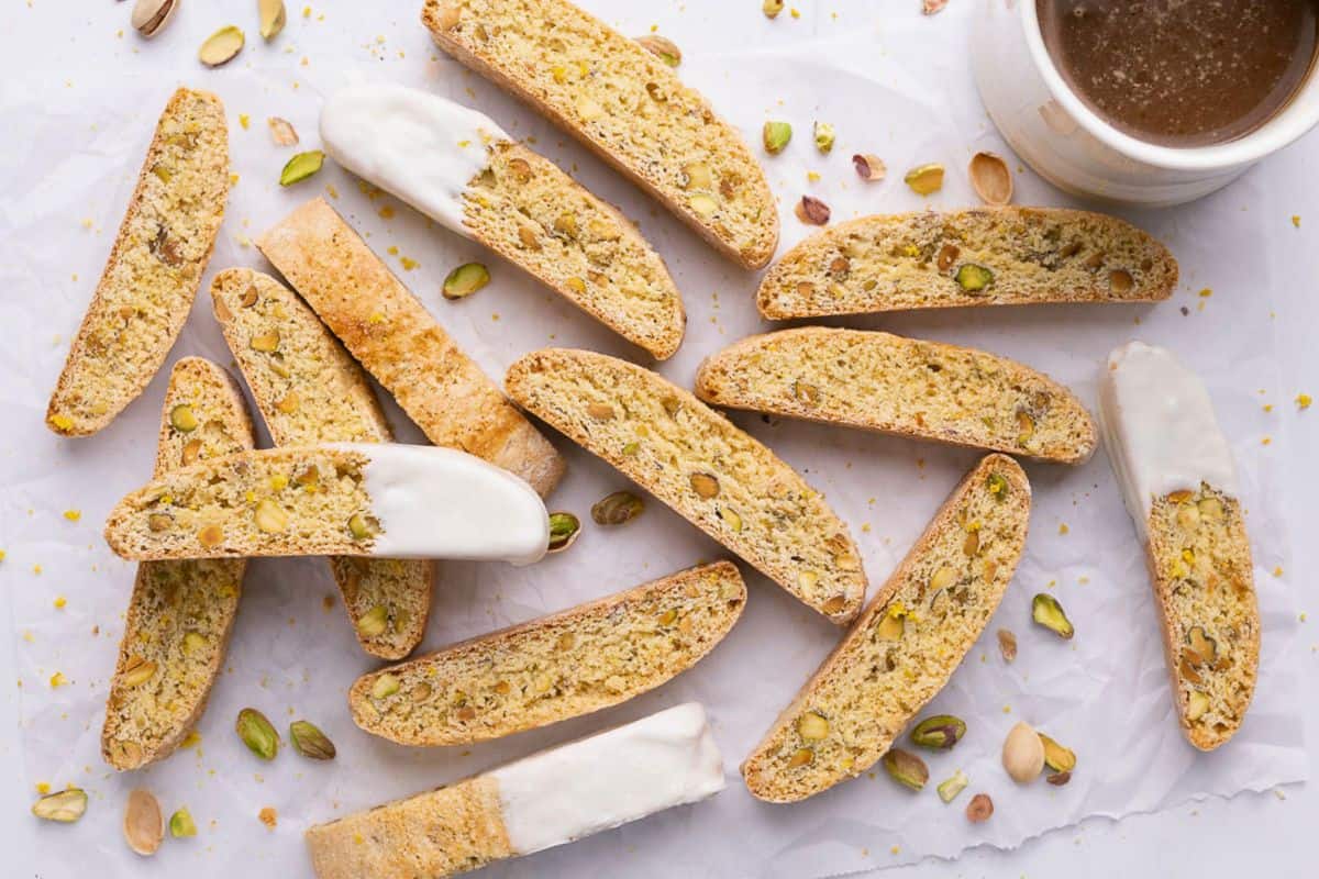 Crunchy lemon pistachio biscotti with a few dipped in white chocolate.