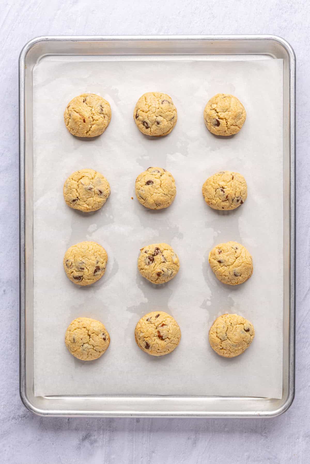 Coconut chocolate chip cookies after baking.