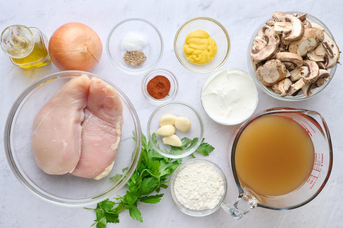 Ingredients for stroganoff recipe: chicken breast, mushrooms, broth, oil, onions, seasonings, mustard, garlic, yogurt, flour, and parsley.