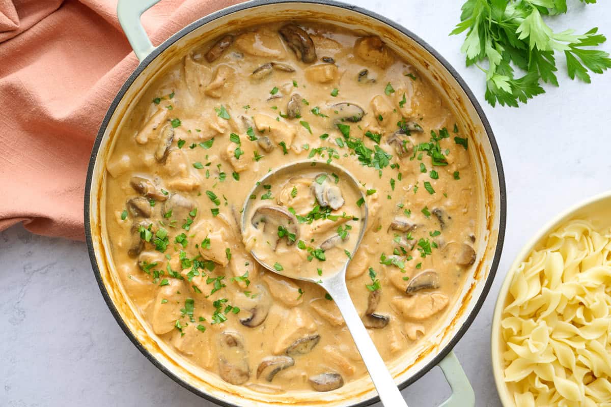 Simple chicken stroganoff recipe in a pot with a ladle lifting some up and a bowl of cooked egg noodles nearby.