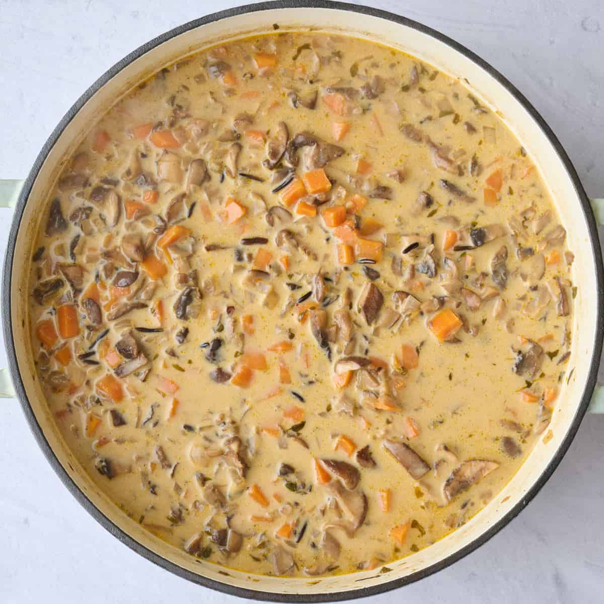 Wild rice mushroom soup after cooking.