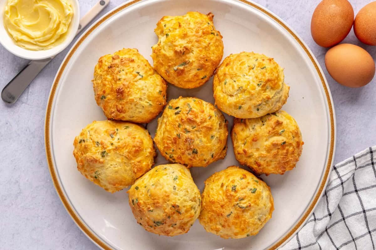 Best breakfast biscuit with cheese, chives, and eggs in the batter.