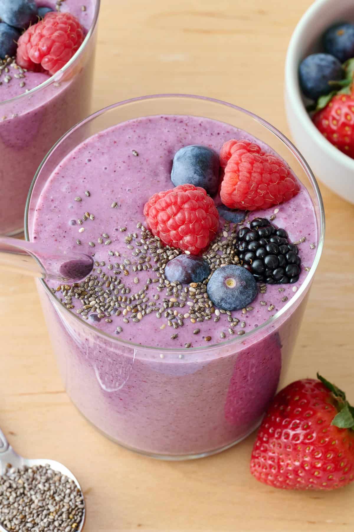 Blended mixed berry chia seed smoothie recipe.