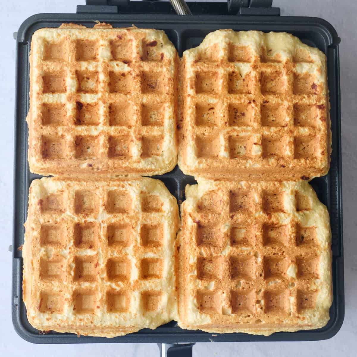 Cottage cheese waffles after cooking on a waffle iron.