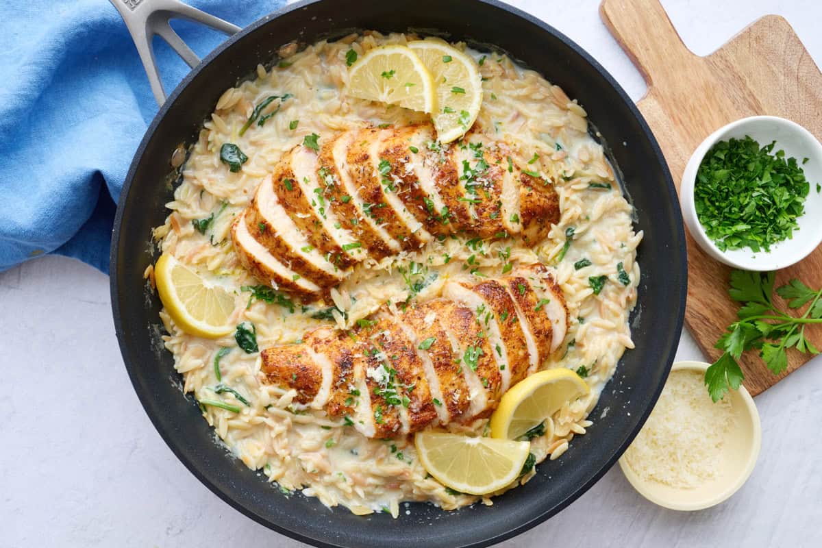 One pan lemon chicken orzo recipe.