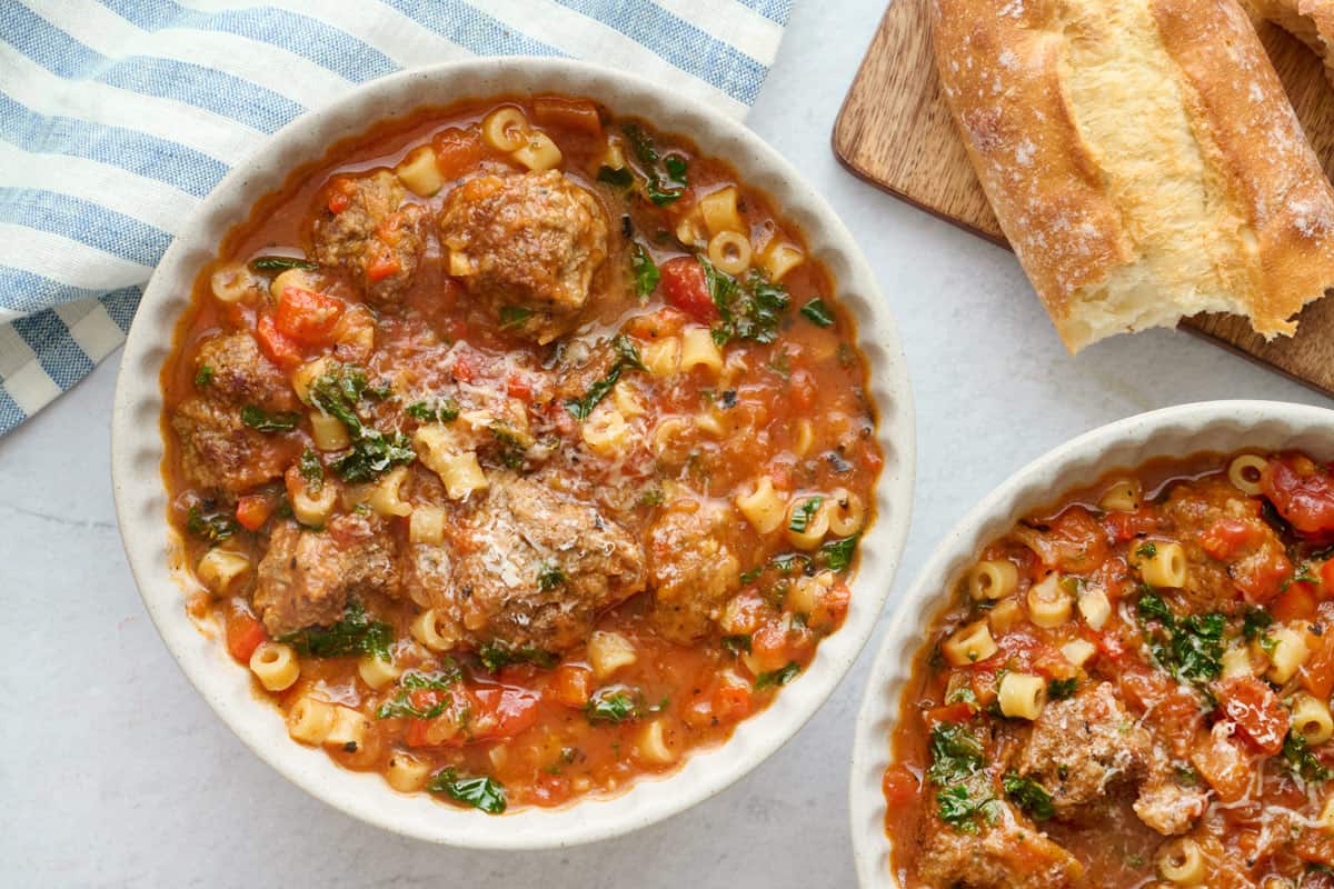 Best meatball soup recipe made with pastini and kale in a tomato broth.