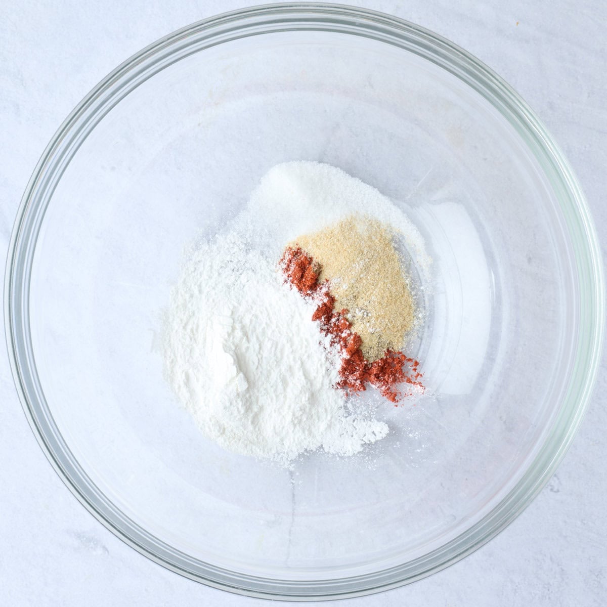 Baking powder and seasonings in a large bowl before whisking together.