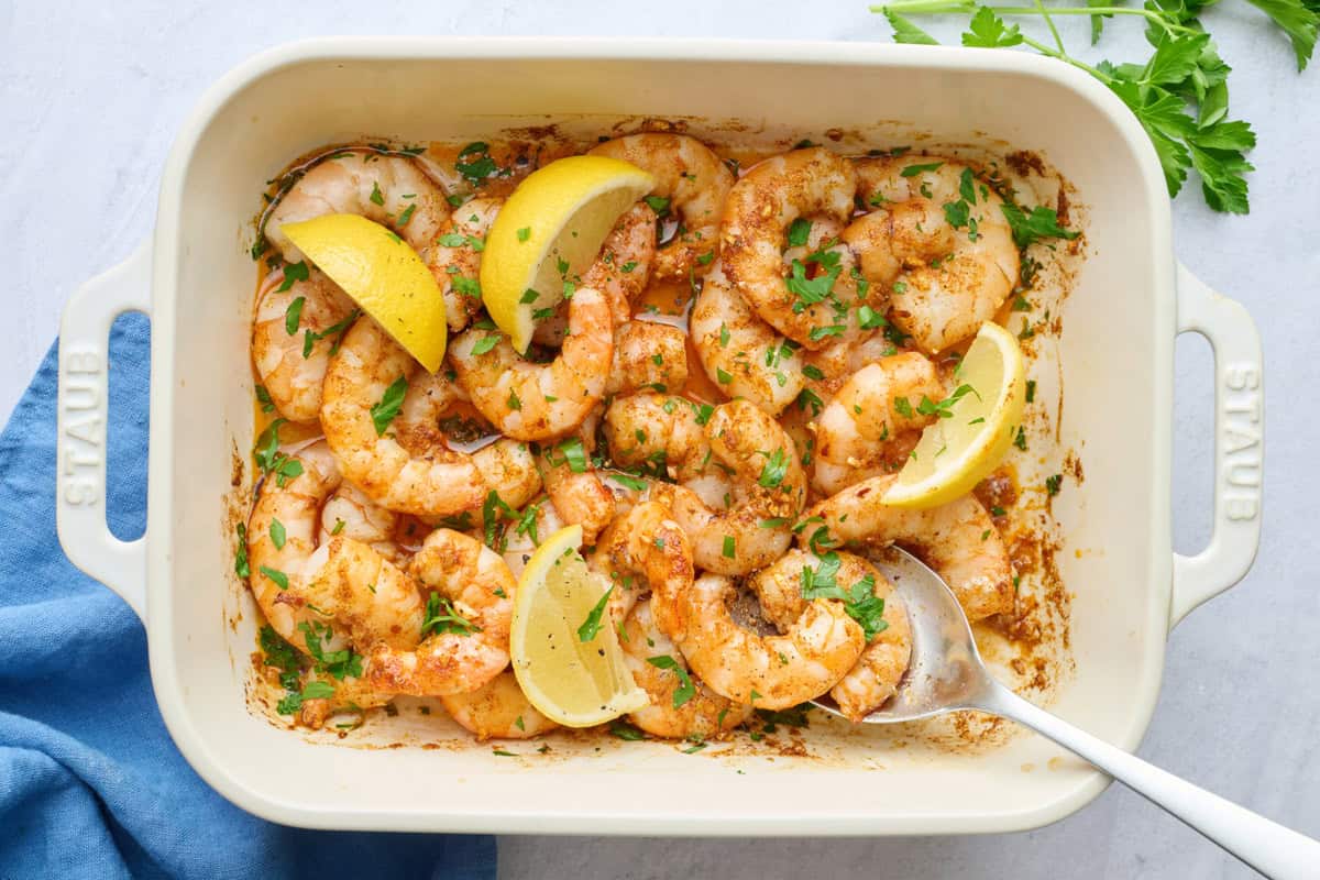Easy baked shrimp recipe in a baking dish.