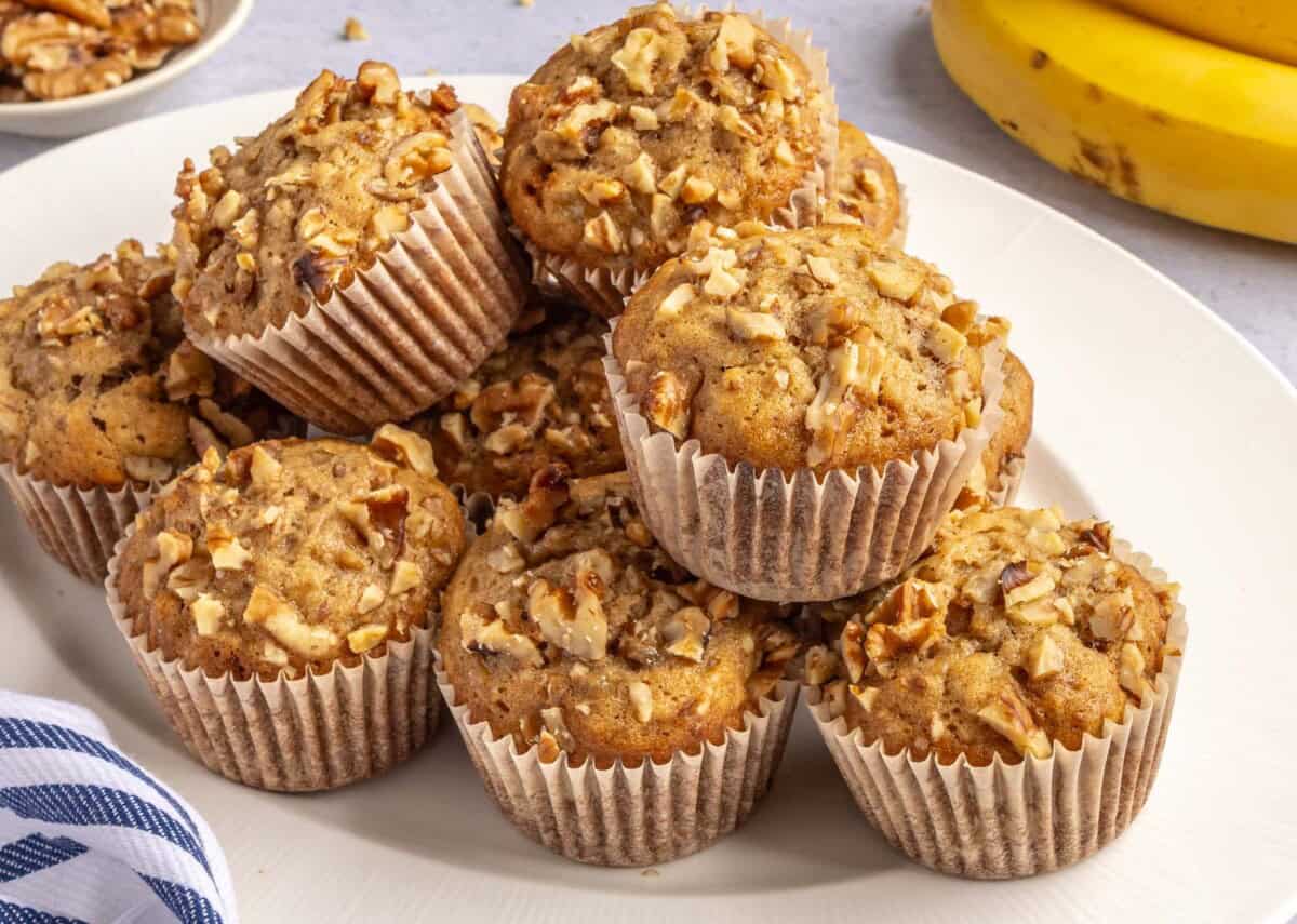 Best banana nut muffins on a platter made with walnuts.