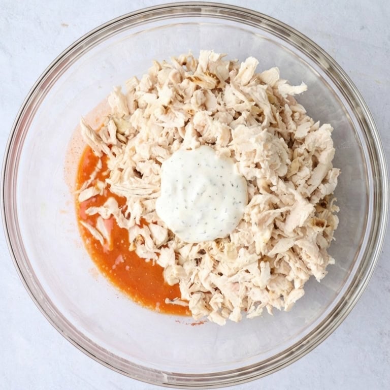 Buffalo sauce after whisking with cooked shredded chicken and homemade yogurt ranch added on top before tossing together.