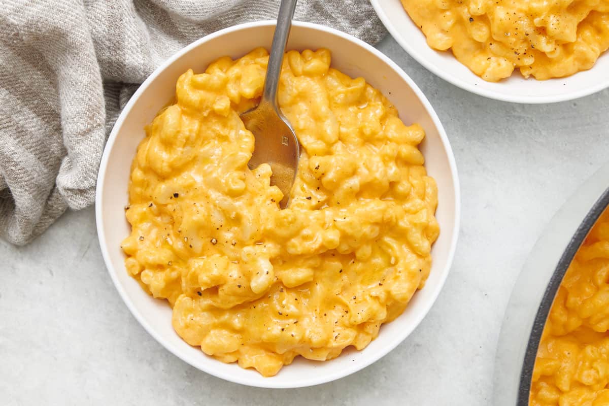 Hidden veggie mac and cheese recipe in a bowl.