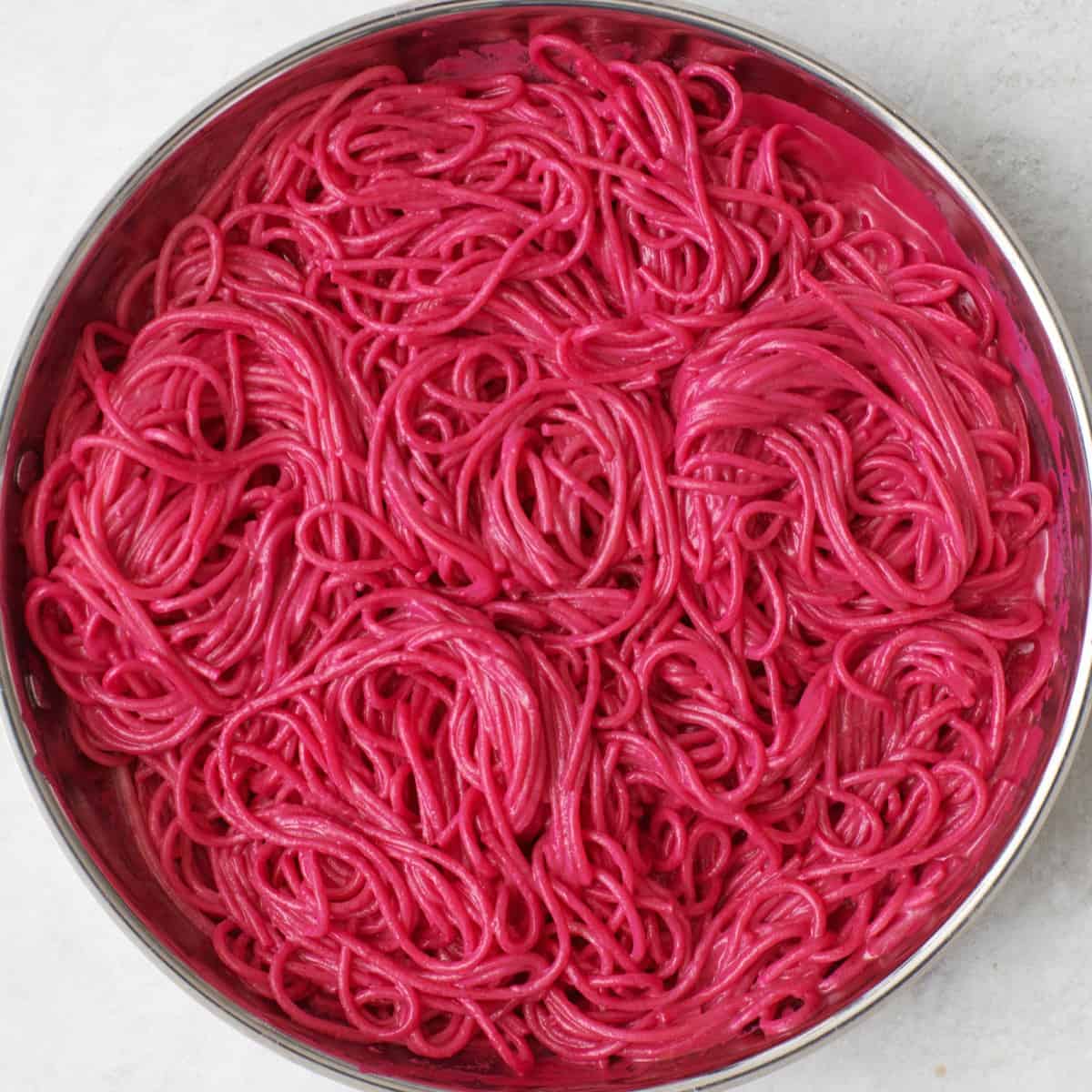 After tossing together pink sauce and pasta.