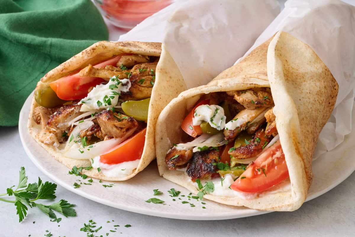 Best chicken shawarma recipe wrapped in pita.