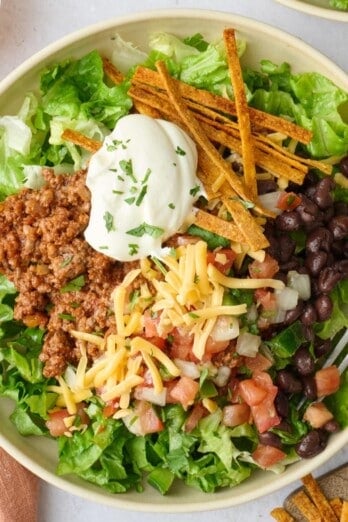 Taco salad recipe in a bowl.