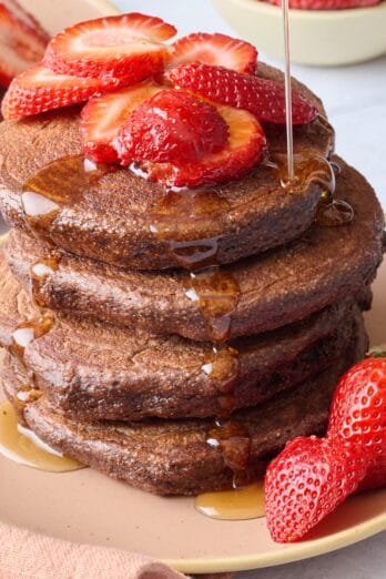 Easy chocolate protein pancake recipe.