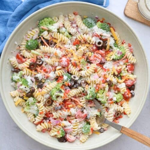 Ranch pasta salad in a serving bowl.